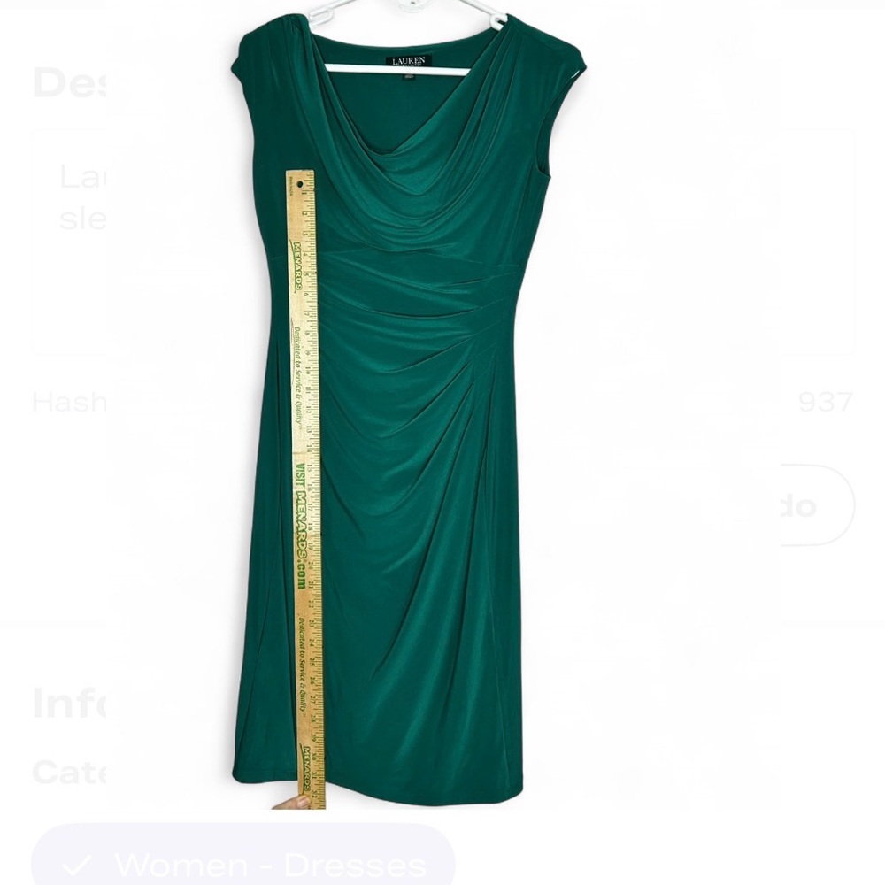 RALPH LAUREN Emerald Green Midi Ruched And Sleeveless Dress 2 . - Picture 8 of 8